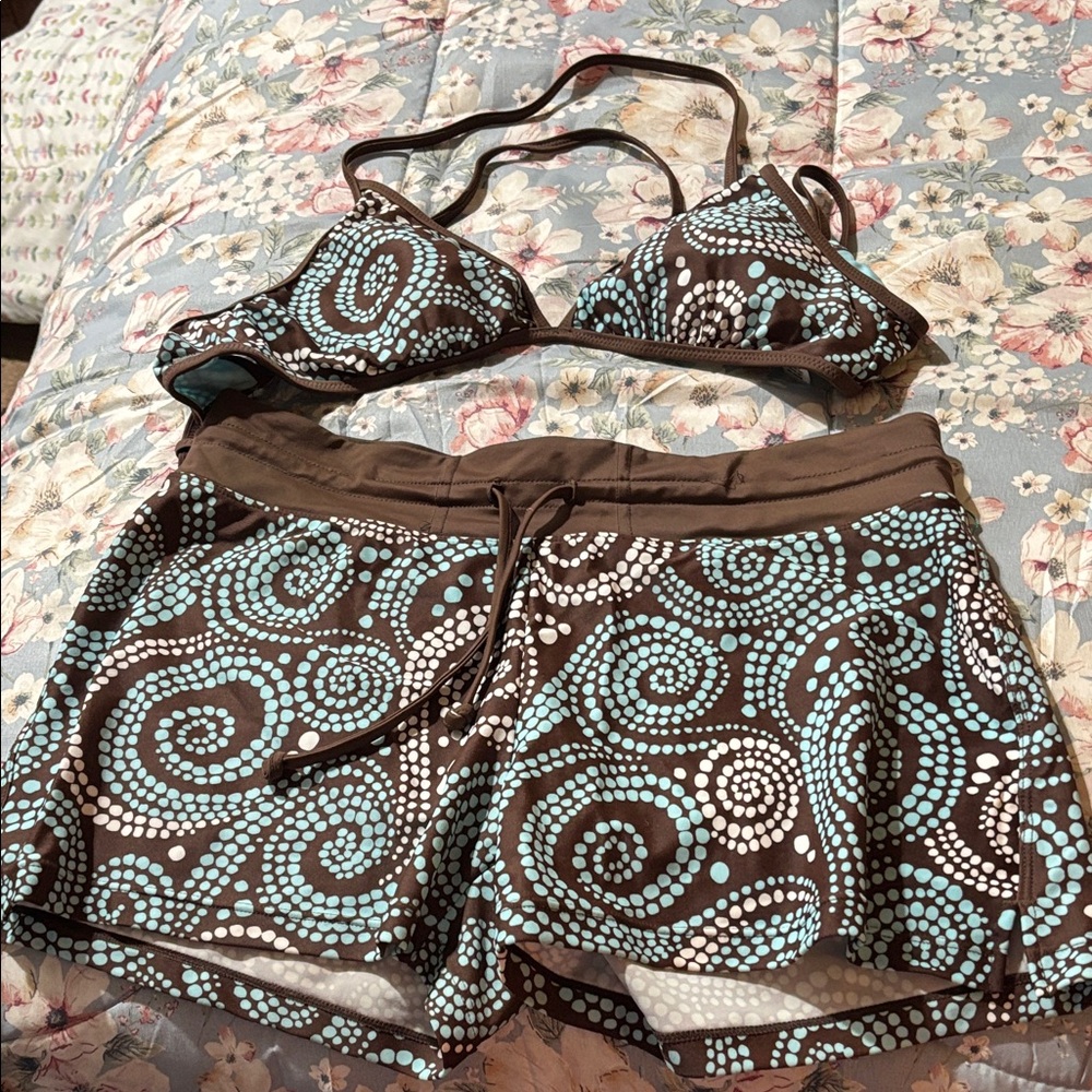 Athleta Brown Swim Bikini Top & Boardshorts with Aqua Dot Swirl